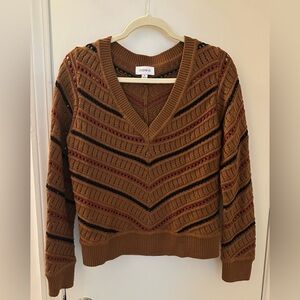 EVEREVE Chestnut V-Neck Openwork Sweater with Black & Burgundy Stripes